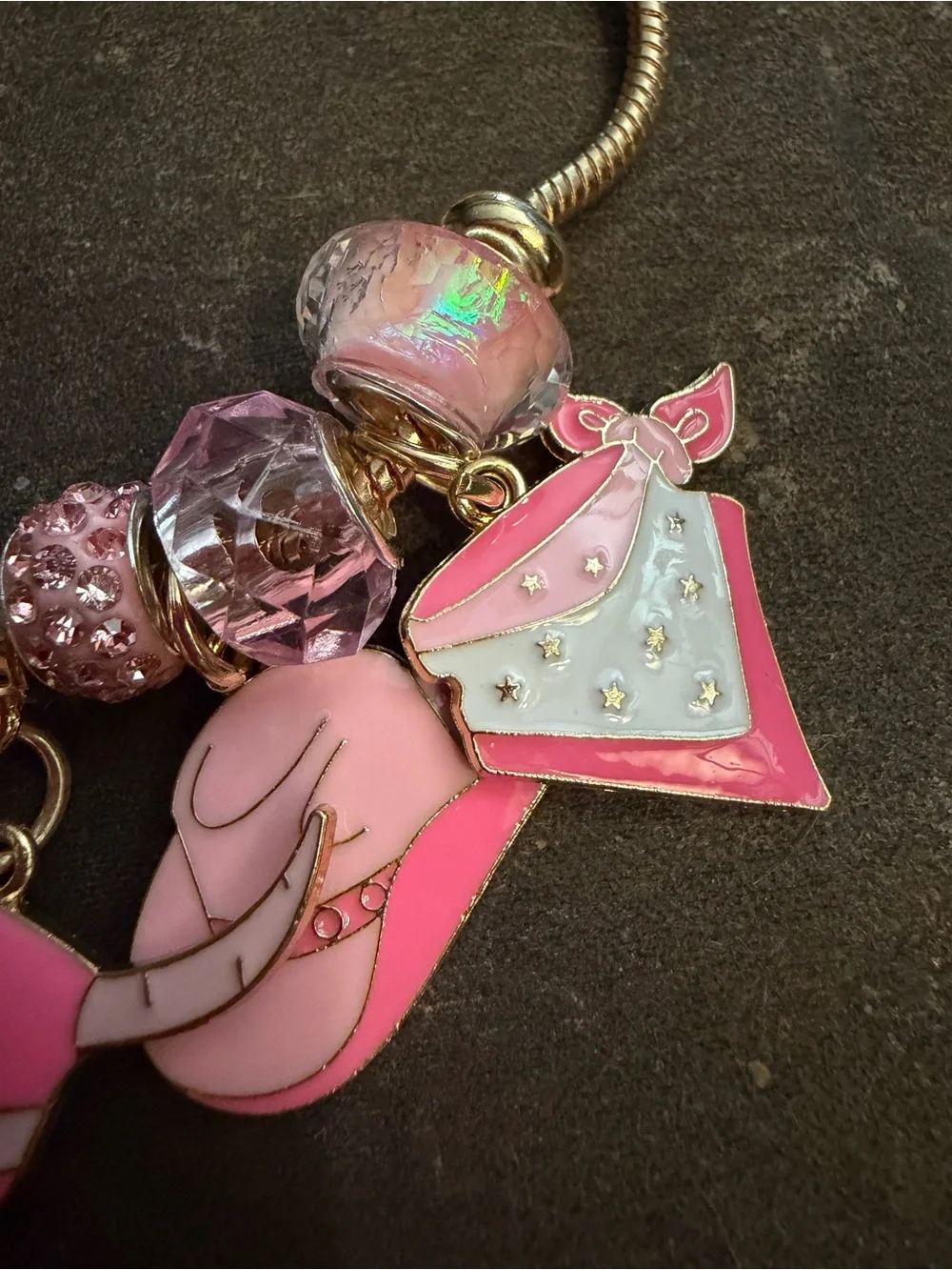 Gold-Tone Pink Charm Bracelet with Crystal Beads
